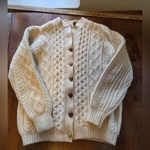 Vintage Braemer Hand Knit Cream Wool Fisherman’s Cardigan Sweater sz 38 medium